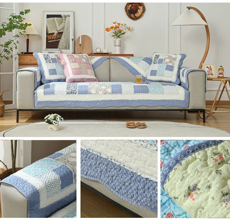 100% Cotton Quilted Sofa Cover – Anti-Slip Patchwork Floral Slipcover