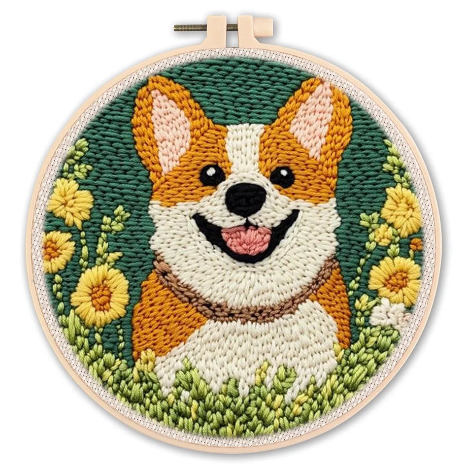 Punch Needle Embroidery Starter Kit – Animal Pattern | 20×20cm (7.8") with Hoop & Yarn