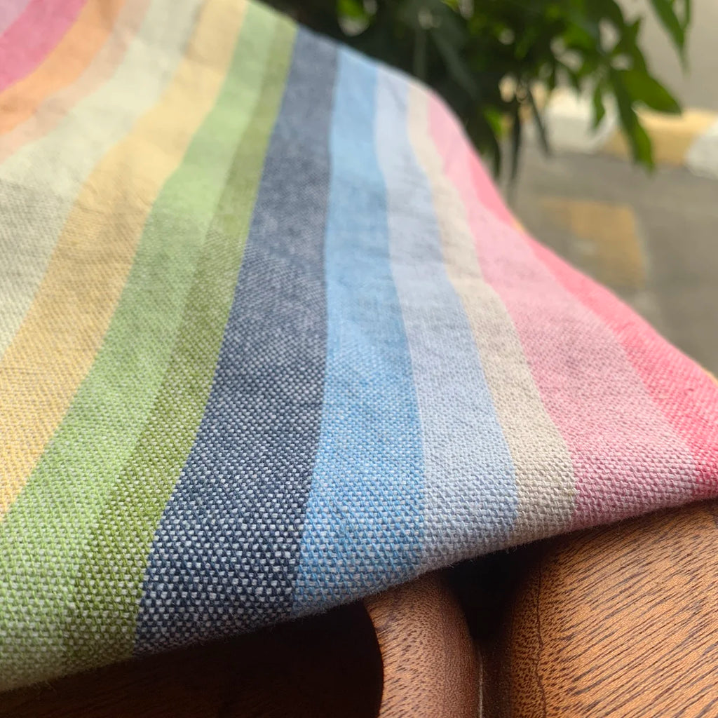 Colorful Woven Striped Linen-Cotton Fabric – 65% Linen 35% Cotton, 142cm Wide, Sold by 50cm – For Dresses, Pants & Designer Clothing