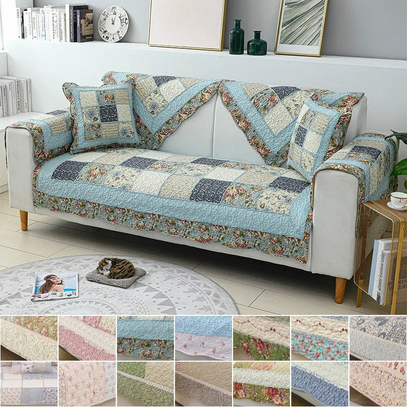 100% Cotton Quilted Sofa Cover – Anti-Slip Patchwork Floral Slipcover