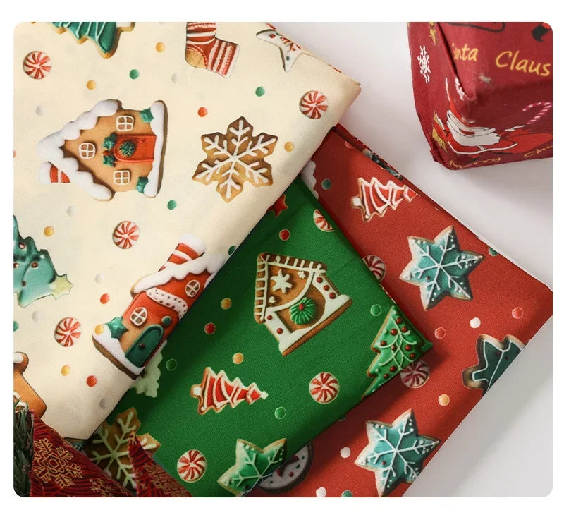 Tela estampada de pan de jengibre navideño y festivo – 100% poliéster, 150 cm de ancho