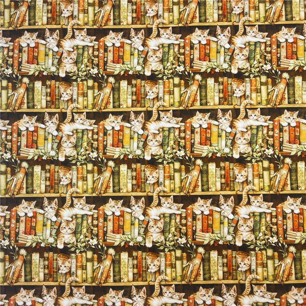 Bookshelf, Flowers & Cats Printed Cotton Fabric — 145cm Wide, 240gsm