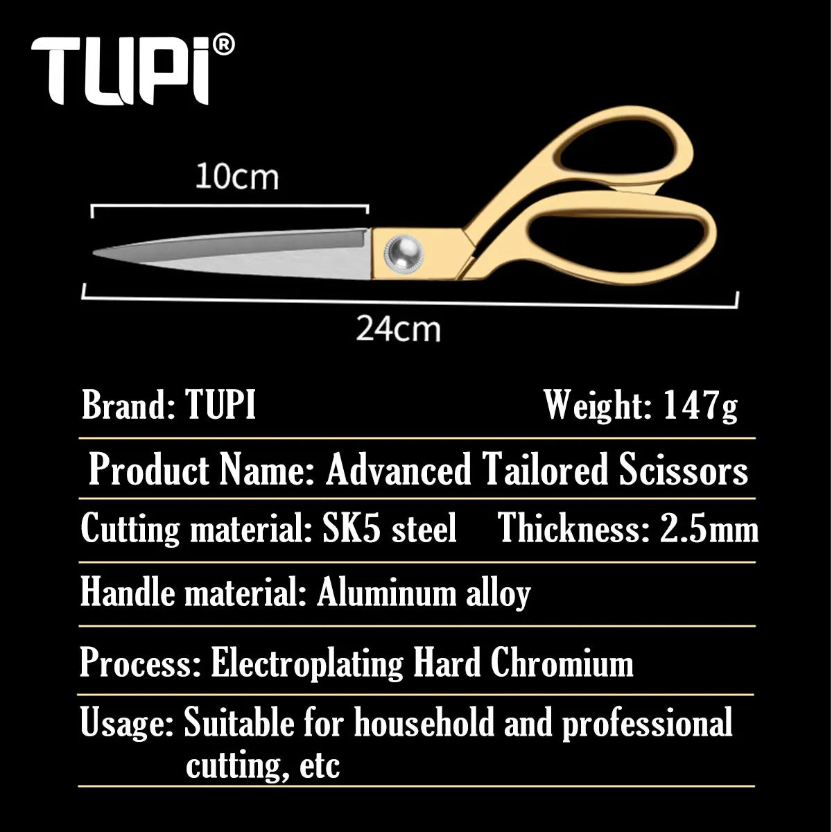 TUPI Professional Tailor Scissors – 24cm SK5 Steel, Ergonomic Bent Handle, Gold