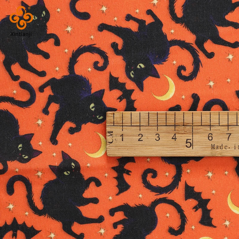 Halloween Bat & Black Cat Print Fabric — 100% Polyester | 0.5, 1 & 2 Meter Cuts