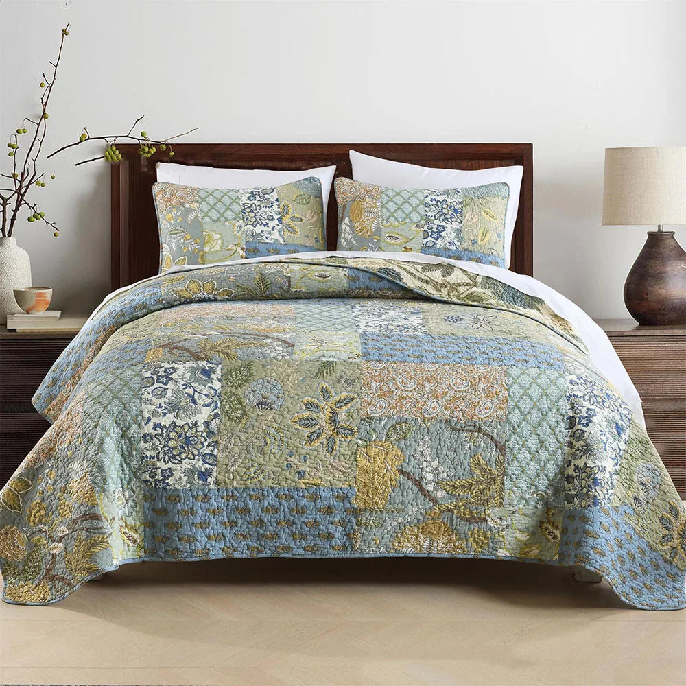 CHAUSUB Handmade Patchwork Cotton Quilt – Floral Print Bedspread, Twin to Super King