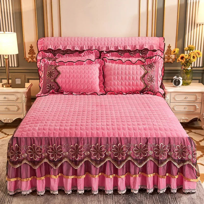 Luxury Crystal Velvet Quilted Bedspread – King & Queen Flannel Bed Skirt