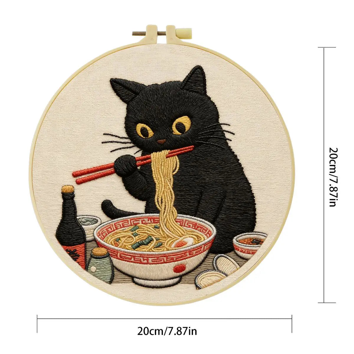 Kit de inicio de bordado Gatito comiendo fideos – Kit de bordado DIY para principiantes