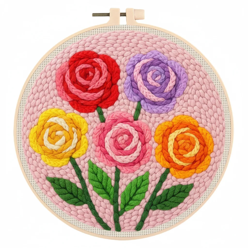 Kit DIY de aguja mágica para adultos principiantes con bastidor de bordado, patrón de flores, rosas, tulipanes, juego de manualidades de pintura con lana.
