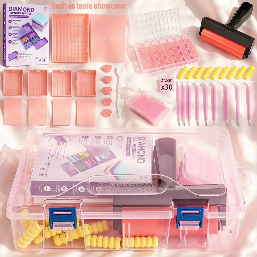 Juego de herramientas para pintura de diamante – Bandejas de perforación, lápices para puntear y rodillo de cera con estuche de almacenamiento