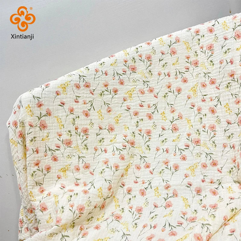 135 x 50cm Pink Flower Crepe Cotton Double-Layer Gauze Fabric, Making Soft Baby Clothes Fabric DIY Clothing Towel