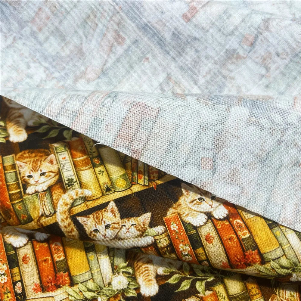 Bookshelf, Flowers & Cats Printed Cotton Fabric – 145cm Wide, Retro Patchwork