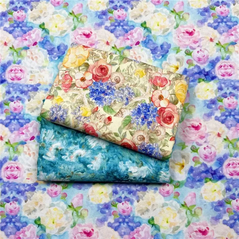 Watercolor Floral Print Cotton Fabric – Retro Oil Painting Style, 180 g/m, 110 cm Wide