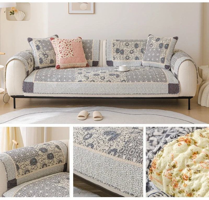 100% Cotton Quilted Sofa Cover – Anti-Slip Patchwork Floral Slipcover