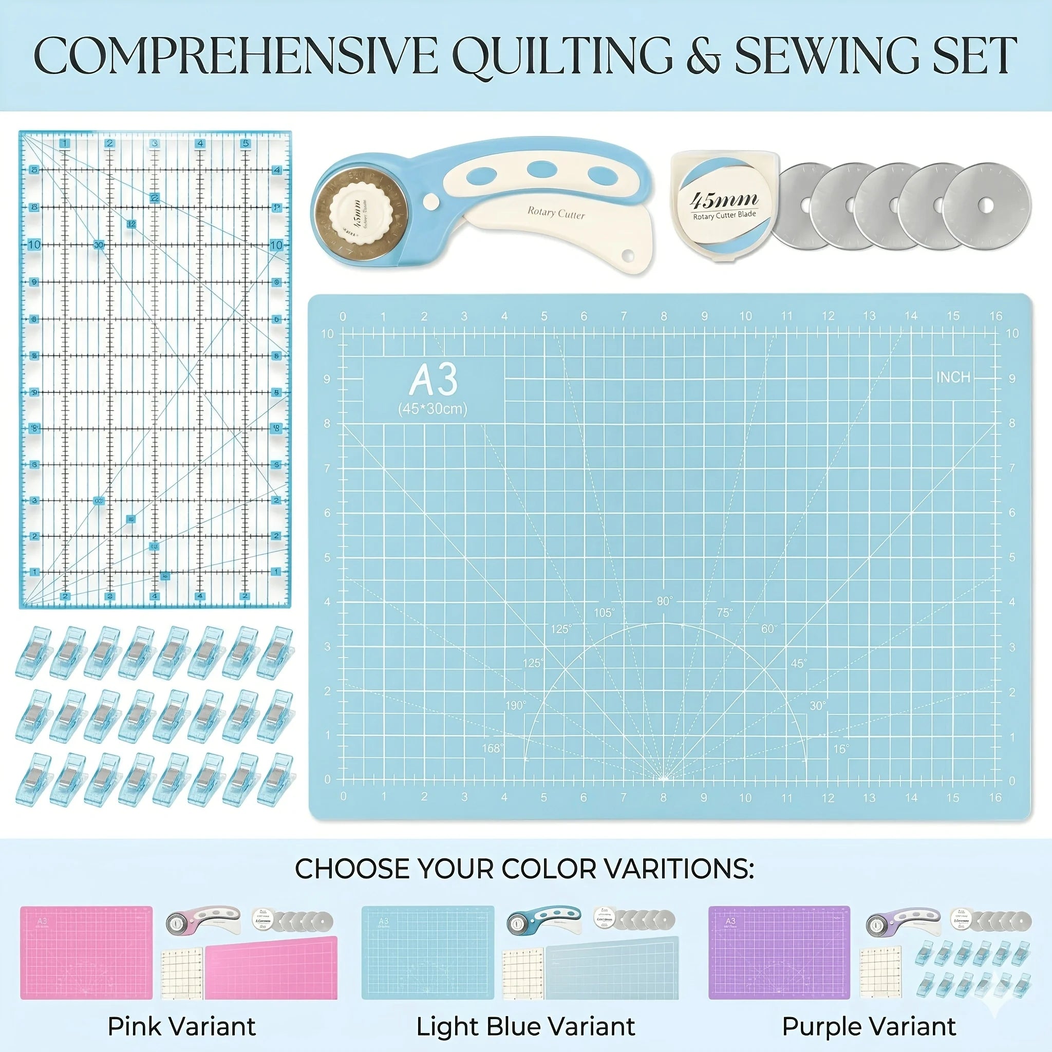 Rotary Cutter Set with A3 Cutting Mat — 45mm, 5 Spare Blades (Set B)