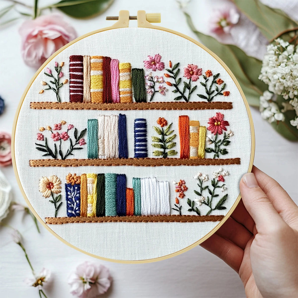 Bookshelf Floral Embroidery Kit – 20x20cm DIY Starter Set for Adults & Beginners