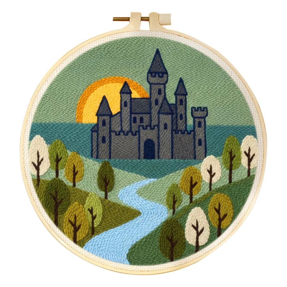 Set de kit de aguja mágica con patrón de paisaje, bordado en bastidor de ciudad y desierto con marco para principiantes, juego de manualidades de mechones de hilo de bricolaje