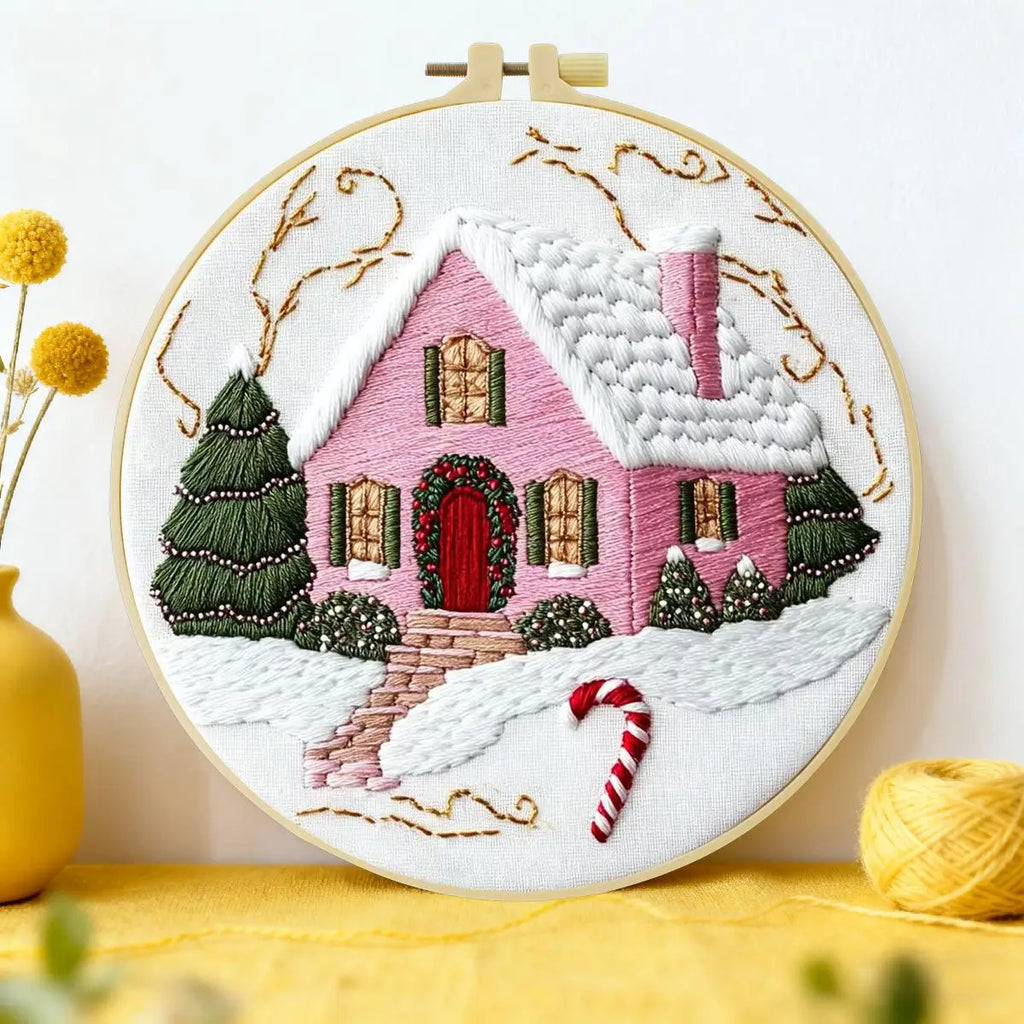 Pink House Embroidery Starter Kit – DIY Needle Art | 15x15cm or 20x20cm