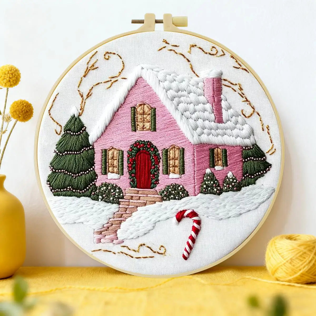 Pink House Embroidery Starter Kit – DIY Needle Art | 15x15cm or 20x20cm