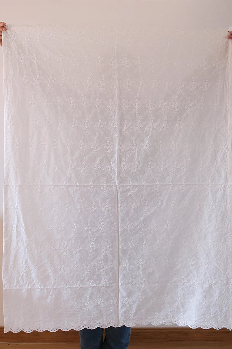 White Small Flower Embroidery 100% Cotton Fabric – 135cm Wide for Clothing, Quilting & DIY