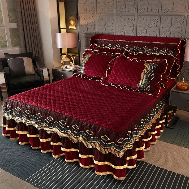 Luxury Crystal Velvet Quilted Bedspread – King & Queen Flannel Bed Skirt