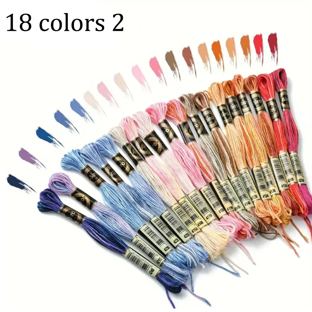 18 Colors Embroidery Thread Cotton Sewing Skeins – Cross Stitch Floss Kit | 8 Meters, 6 Strands