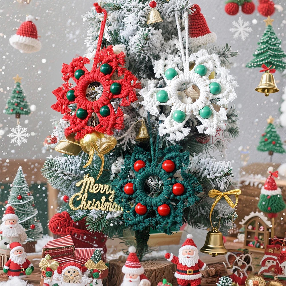 Kit de bricolaje de adorno de macramé de copo de nieve navideño — Colgante hecho a mano con tutorial | 3 colores