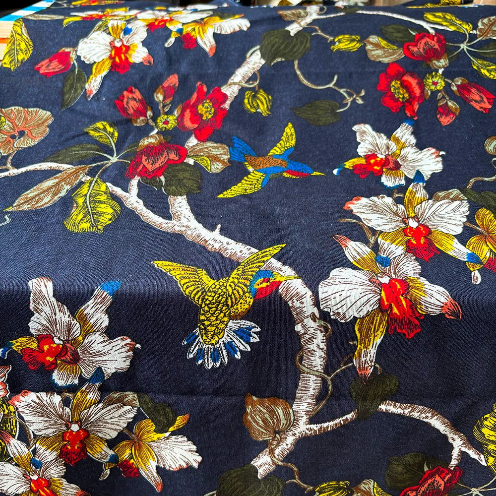 Floral & Bird Print Linen Cotton Fabric – 145cm Wide, Sold by 50cm – For Quilting, Upholstery, Bags & Home Décor
