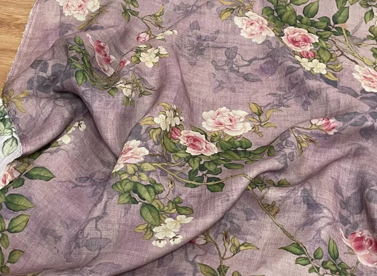 Purple Floral Print 100% Ramie Fabric | 138cm Wide | Summer Sewing & Quilting