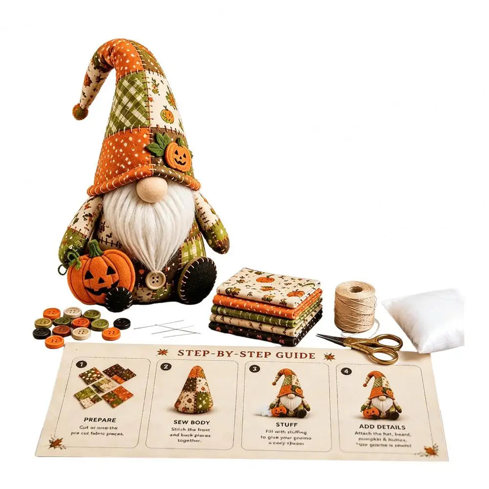 Halloween Gnome DIY Sewing Kit – Witch, Pumpkin & Gnome Doll Patchwork | Pre-Cut Fabric & Supplies Included