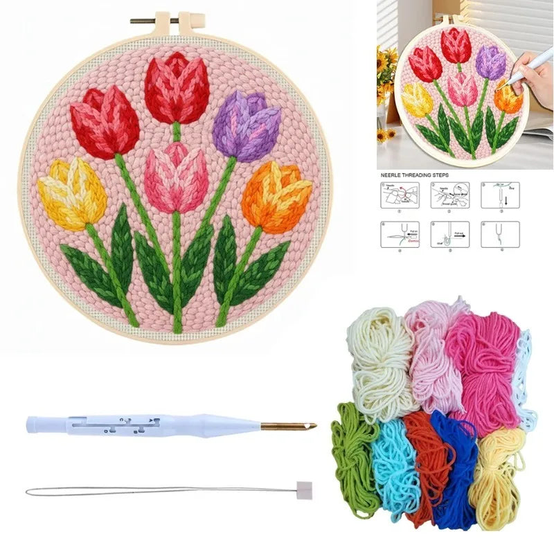 Kit DIY de aguja mágica para adultos principiantes con bastidor de bordado, patrón de flores, rosas, tulipanes, juego de manualidades de pintura con lana.