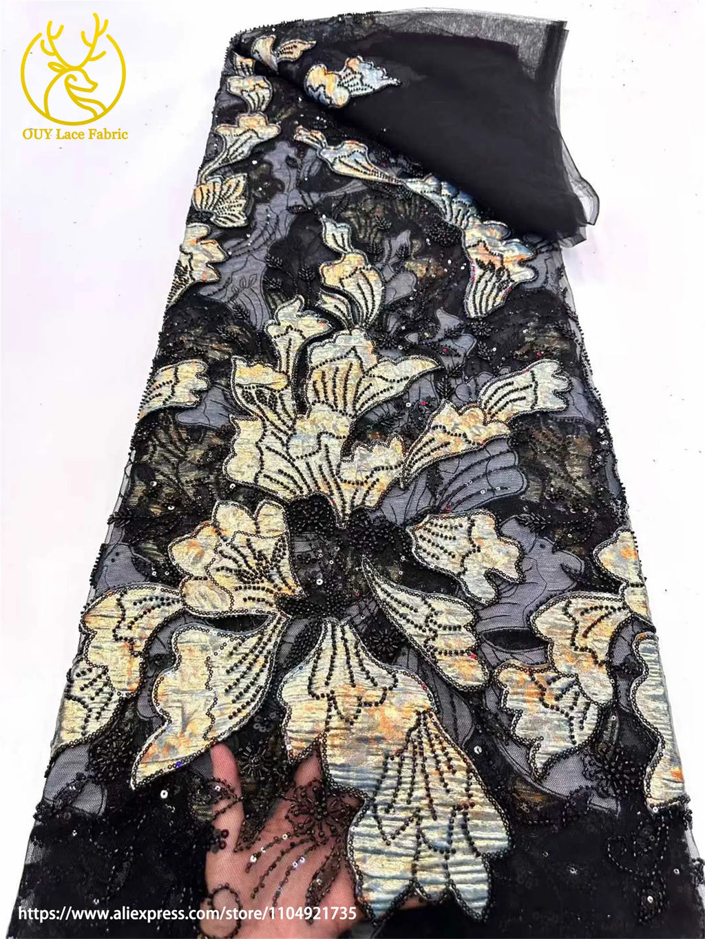 Tela de encaje bordado con cuentas de jacquard africano 2026, tul francés, tela de encaje con lentejuelas para vestido de novia de mujer, material de costura