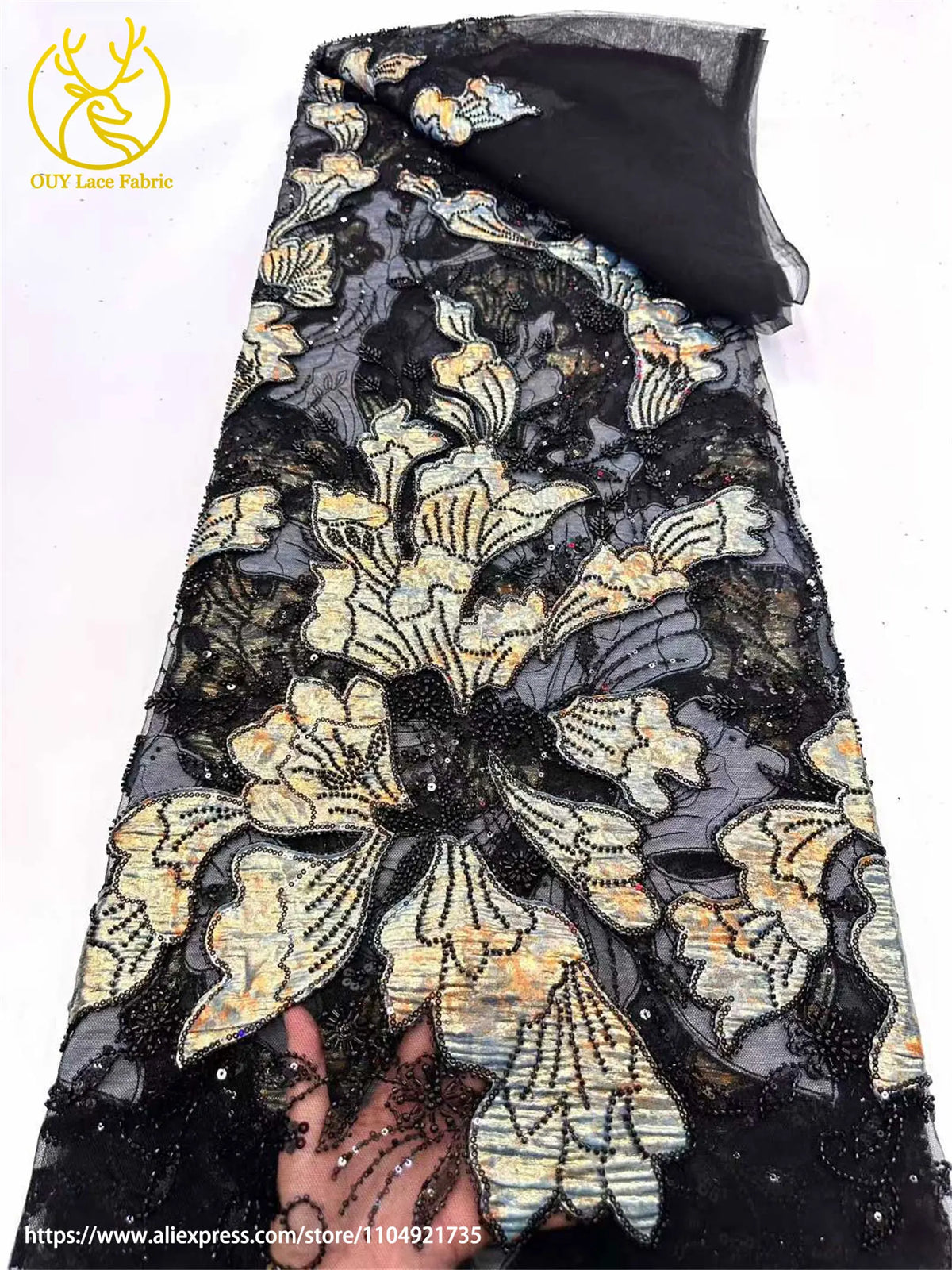 African Jacquard Beaded Embroidery Lace Fabric – Sequin Tulle, 120cm Wide, 5 Yards