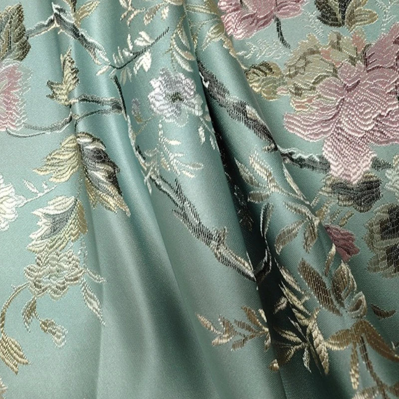 Tejido Jacquard de Satén Rama Floral — Mezcla de Poliéster/Algodón, 145cm (57") de Ancho | 100cm o 200cm