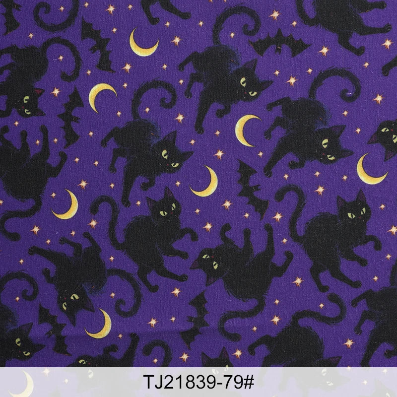 Halloween Bat & Black Cat Print Fabric — 100% Polyester | 0.5, 1 & 2 Meter Cuts