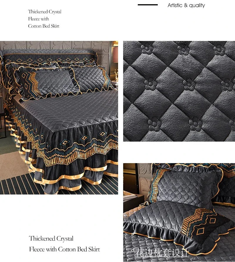 Luxury Crystal Velvet Quilted Bedspread – King & Queen Flannel Bed Skirt