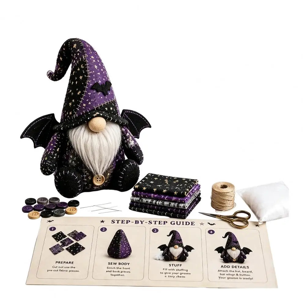 Halloween Gnome DIY Sewing Kit – Witch, Pumpkin & Gnome Doll Patchwork | Pre-Cut Fabric & Supplies Included