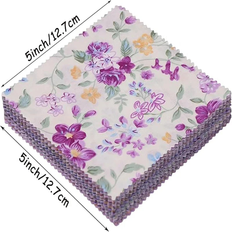 42-Piece Pre-Cut Quilting Fabric Squares – Purple Floral Patchwork 5" (12.7cm)