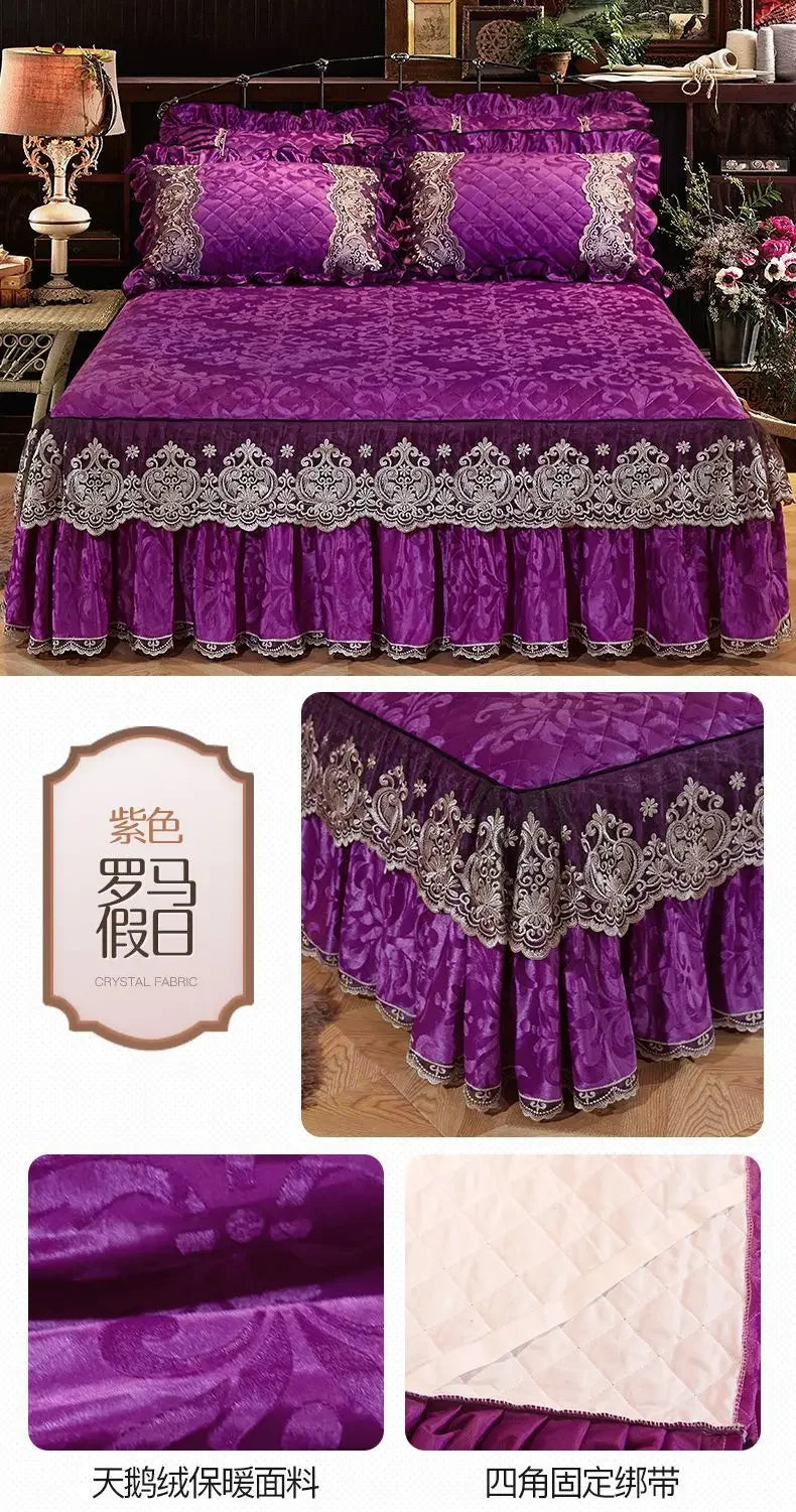 Lace Plush Quilted Bed Skirt – European Style Anti-Slip Mattress Cover | 45 cm Drop
