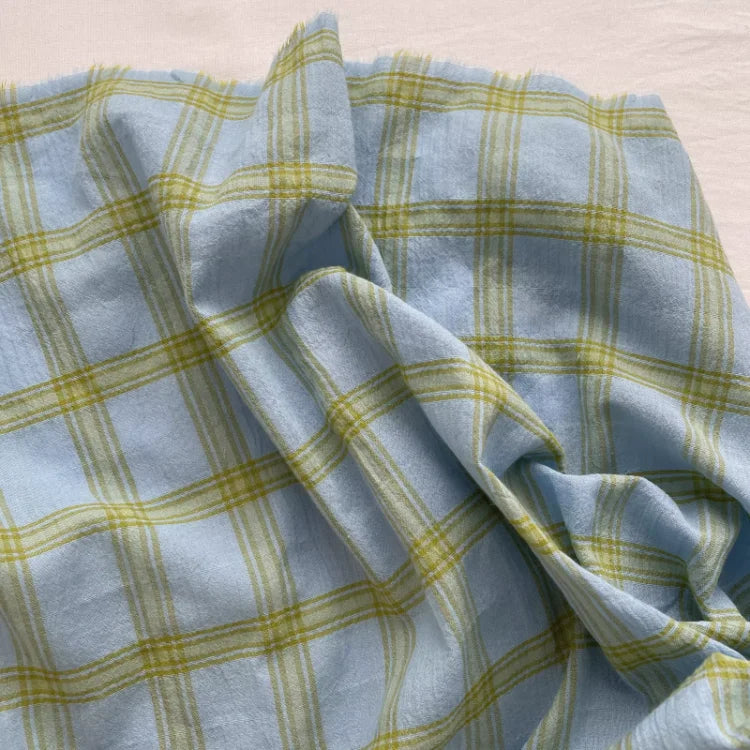 Blue and green mixed color woven checkered wrinkled cotton fabric for shirt dress diy fabric