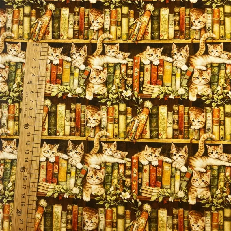 Bookshelf Flowers Cats Print Cotton Plain Weave Fabric Aged Retro Patchwork DIY Handmade Sewing Apparel Book Covers Material