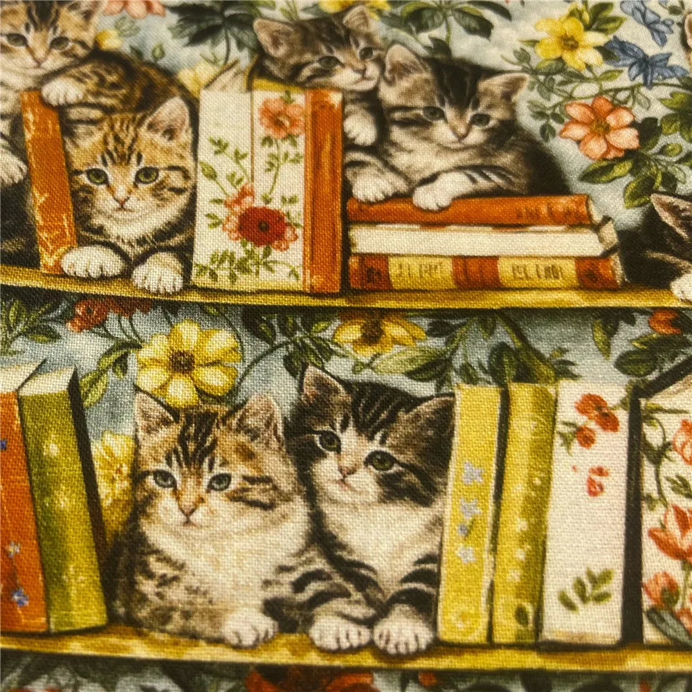Bookshelf, Flowers & Cats Printed Cotton Fabric – 145cm Wide, Retro Patchwork
