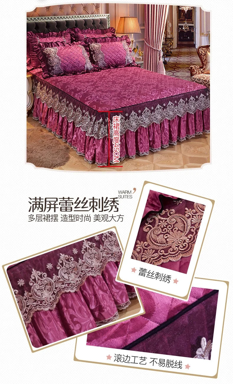 Lace Plush Quilted Bed Skirt – European Style Anti-Slip Mattress Cover | 45 cm Drop