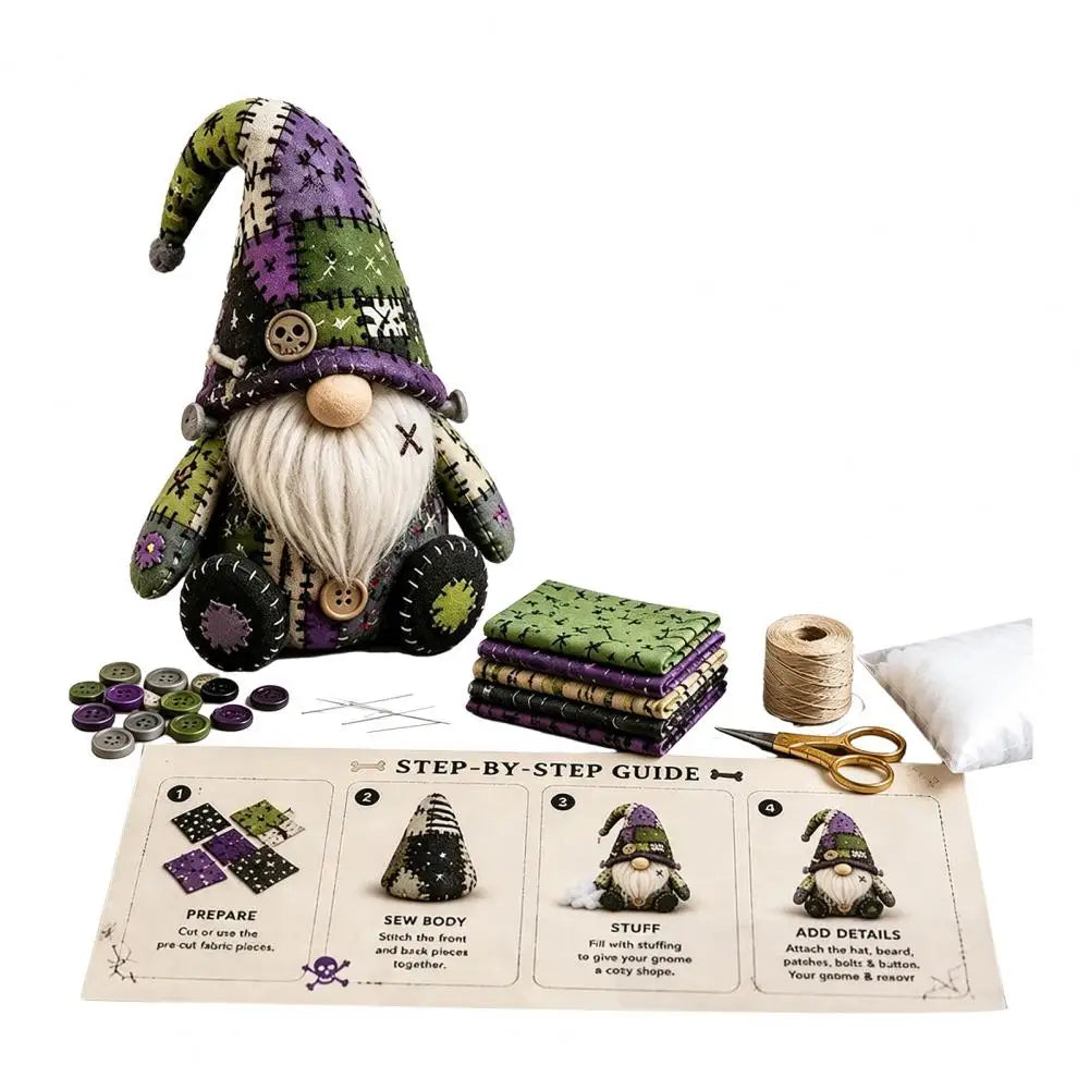 Halloween Gnome DIY Sewing Kit – Witch, Pumpkin & Gnome Doll Patchwork | Pre-Cut Fabric & Supplies Included