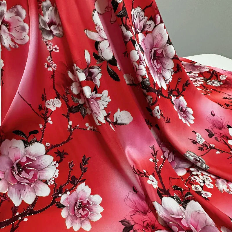 Red Floral Foil Print Satin Fabric – Silky 100% Polyester, 150cm Wide – For Dresses, Gowns & DIY Décor