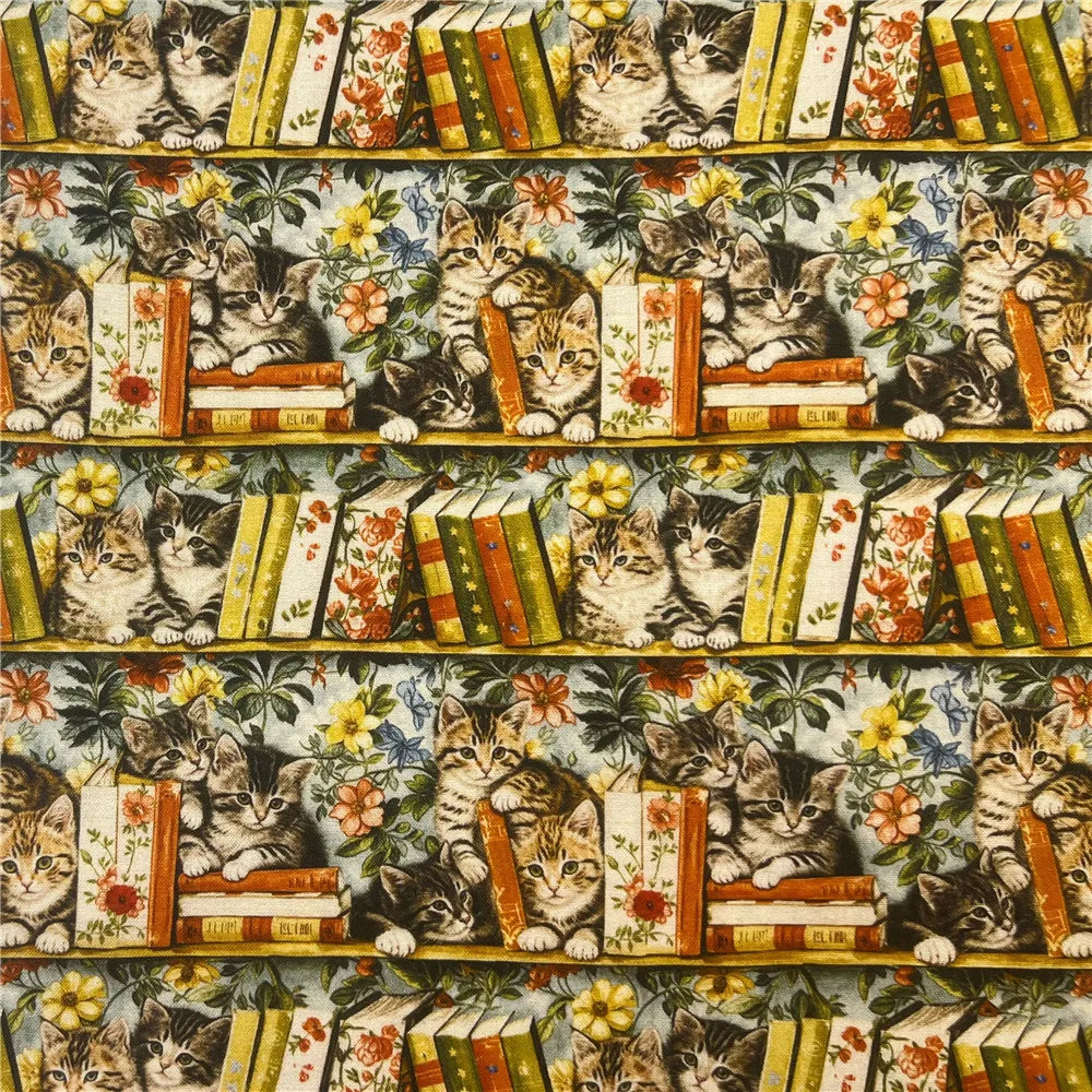 Bookshelf, Flowers & Cats Printed Cotton Fabric – 145cm Wide, Retro Patchwork