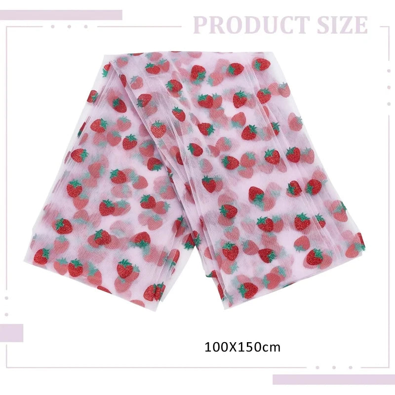 Strawberry Floral Print Tulle Mesh Lace Fabric – 100% Nylon, 100×150cm – For Dresses, Bridal & DIY Clothing