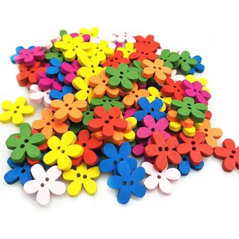 100 Pcs Colorful Flower Wooden Buttons – 2-Hole | DIY Sewing, Knitting, Scrapbooking & Crafts