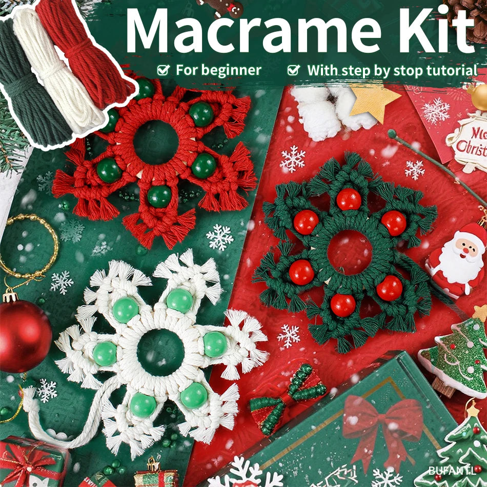 Christmas Snowflake Macramé Ornament DIY Kit — Handmade Hanging Pendant with Tutorial | 3 Colors