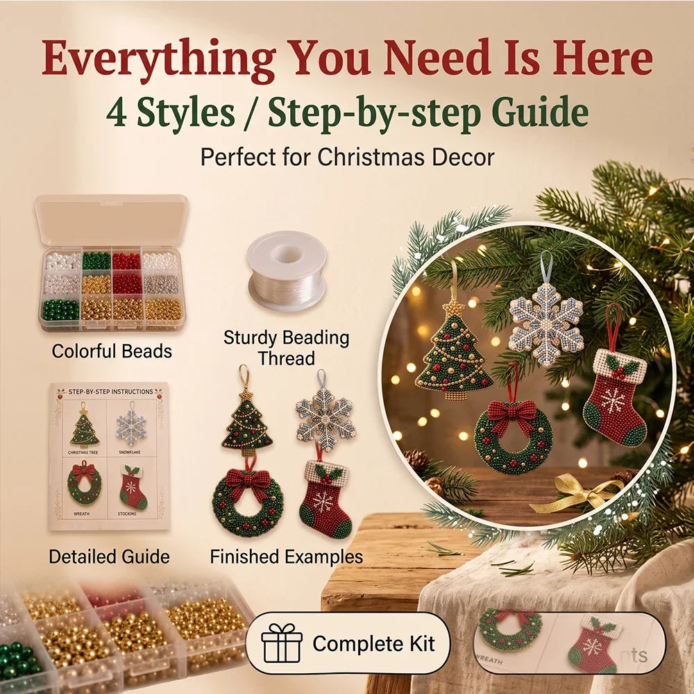 Kit de adornos navideños con cuentas para manualidades, juego de abalorios hechos a mano de 4 piezas, árbol de Navidad, copo de nieve, corona y calcetín, regalo de manualidades navideñas