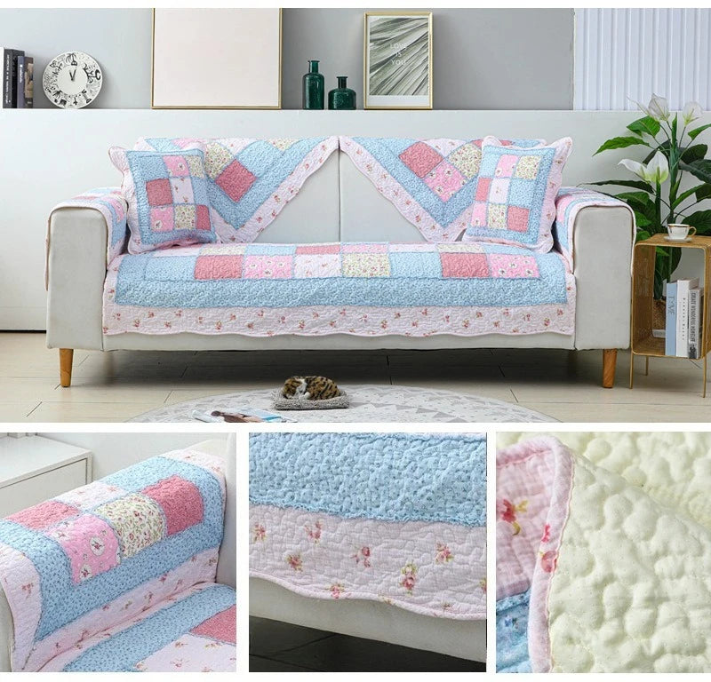 100% Cotton Quilted Sofa Cover – Anti-Slip Patchwork Floral Slipcover